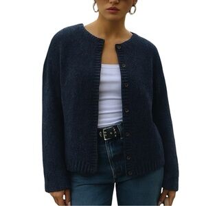 Cotton Blend Navy Cardigan Crew Neck Sweater With checkered knit pattern Preppy